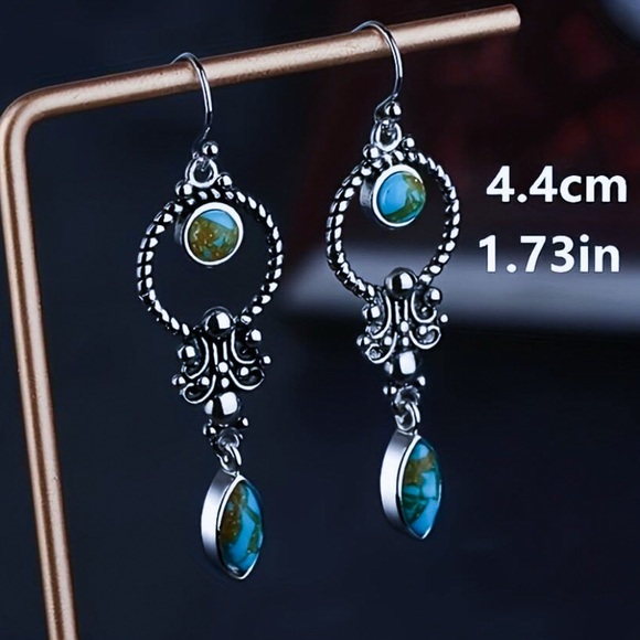 Any 4/$25! Antiqued Silver Turquoise Boho Drop Earrings - Picture 4 of 6